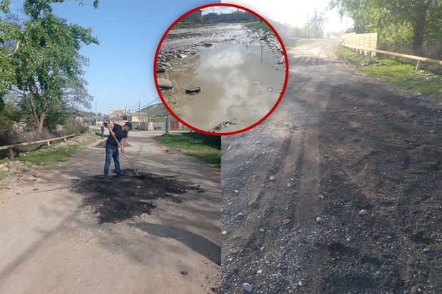Oğuzda yoldakı çala-çuxuru çınqılla doldurdular: Asfalt da olacaq - FOTO/VİDEO
