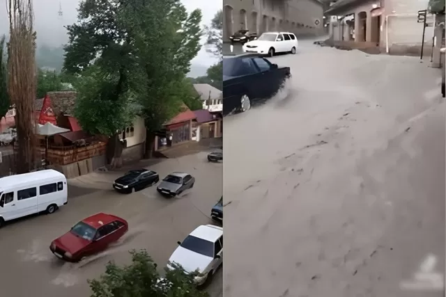 Şəkidə yağan güclü yağış şəhəri su altında qoydu